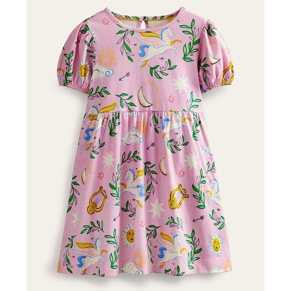 Mini Boden Girls Adorable Puff Sleeve Dress Winsome Pink Greek Toile Sz 5-6Y - Picture 1 of 12